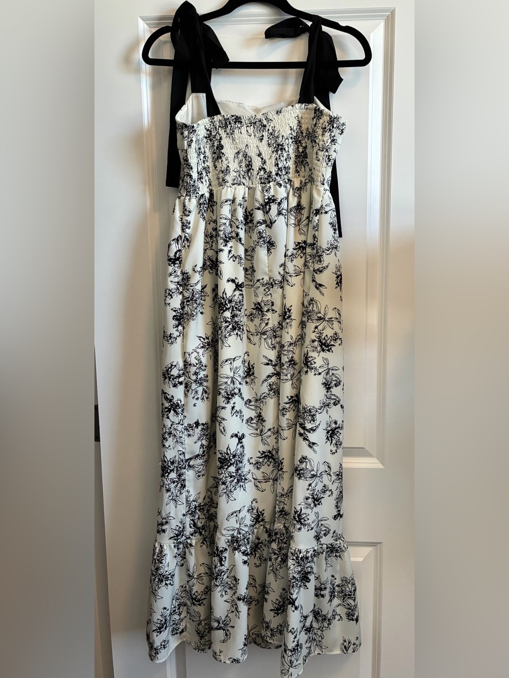 Black & White Floral Maxi Dress with Tie-Strap Shoulders - Picture 2 of 5